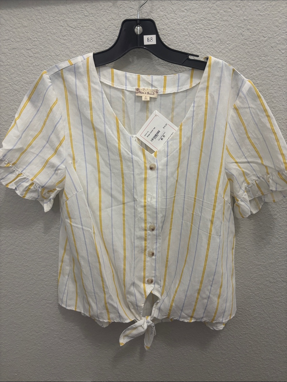 Hem & Thread White Button-Front Tie Top with Yellow & Light Blue Stripes